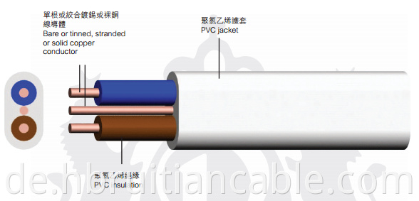 Twin Flat Earth Cable 2*1mm2+E Kupferleiter PVC Isolierte und beschichtete elektrische Kabelkabel